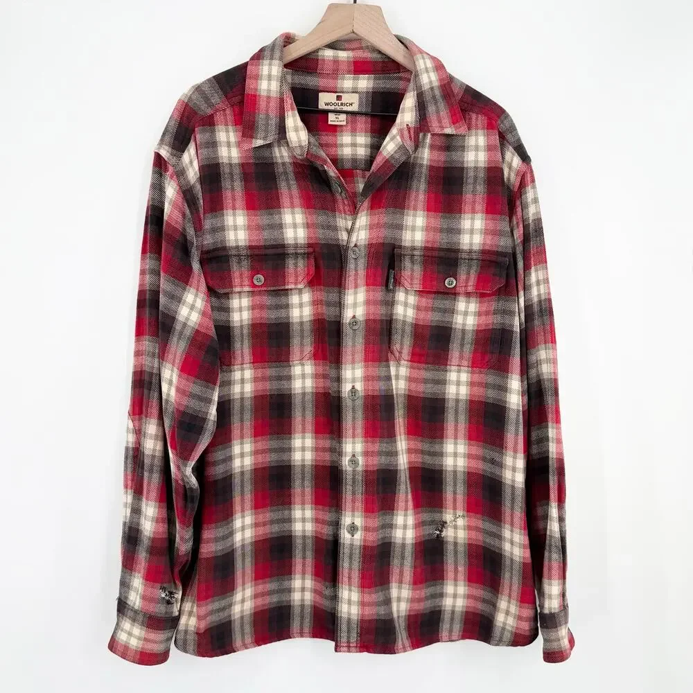 Woolrich Mens XL Flannel Shirt Red Black Plaid Heavy Cotton Elbow Patches FLAWED - Picture 2 of 15